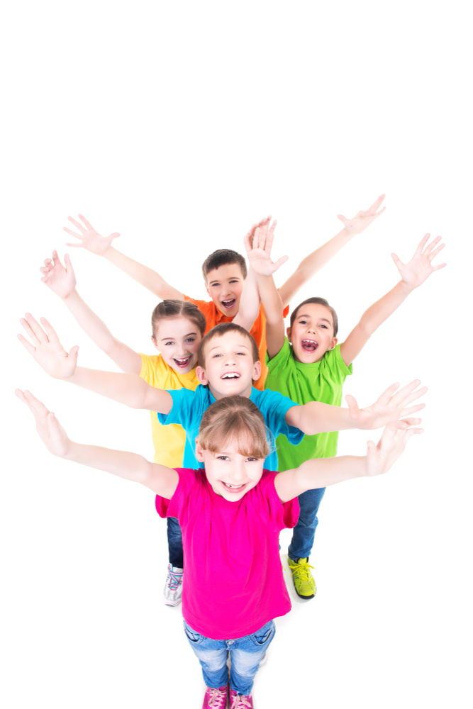 Children doing airplane pose