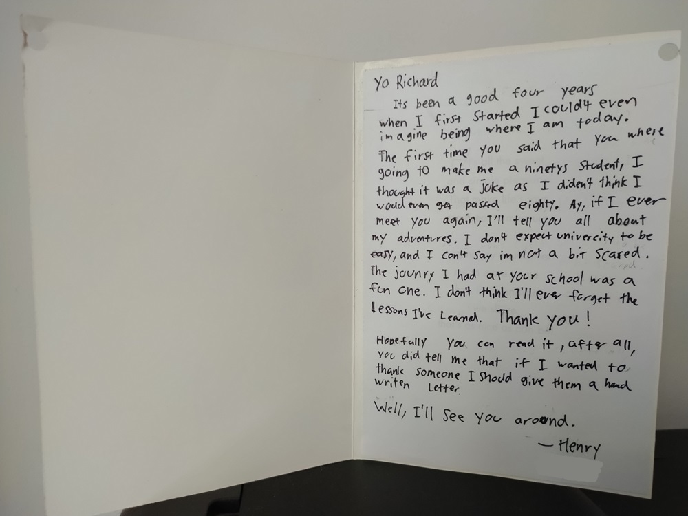 A thank-you card from a student